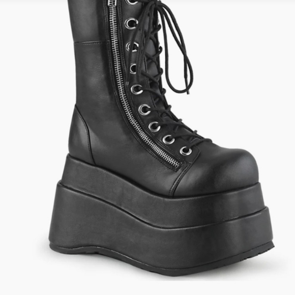 Demonia Shoes - Demonia Bear-265 Front Lace Mid Calf Platform Boots Black Vegan Leather